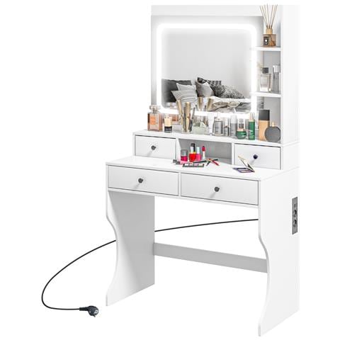 Toeletta Trucco Con Luci Led 3 Tonalità E Specchio, Prese Usb, 4 Cassetti E Mensole, 90x45x160cm, Bianco - Foto 1