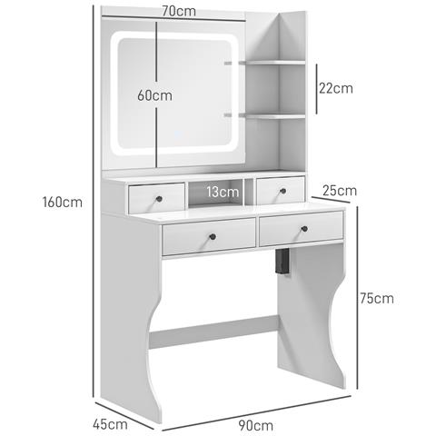 Toeletta Trucco Con Luci Led 3 Tonalità E Specchio, Prese Usb, 4 Cassetti E Mensole, 90x45x160cm, Bianco - Foto 2