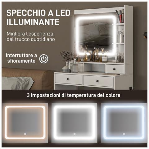 Toeletta Trucco Con Luci Led 3 Tonalità E Specchio, Prese Usb, 4 Cassetti E Mensole, 90x45x160cm, Bianco - Foto 6