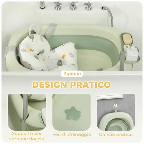 Vaschetta Bagnetto Pieghevole per Neonati con Cuscinetto e Lavabo, in Plastica Antiscivolo, 86x53x25.5 cm, Verde - Foto 6