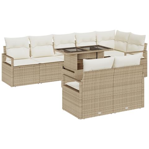 Set da Giardino 9 Pezzi con Cuscini Beige Rattan Polietilene - Foto 1