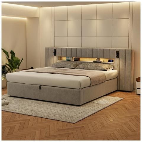 Letto Imbottito 180x200cm, Letto Contenitore Con Connessione Usb, Illuminazione Led E Lampada Da Comodino, Letto Matrimoniale, Letto Funzionale, Velluto, Grigio, Senza Materasso - Foto 2