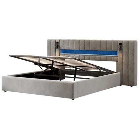 Letto Imbottito 180x200cm, Letto Contenitore Con Connessione Usb, Illuminazione Led E Lampada Da Comodino, Letto Matrimoniale, Letto Funzionale, Velluto, Grigio, Senza Materasso - Foto 4