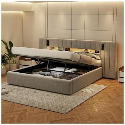 Letto Imbottito 180x200cm, Letto Contenitore Con Connessione Usb, Illuminazione Led E Lampada Da Comodino, Letto Matrimoniale, Letto Funzionale, Velluto, Grigio, Senza Materasso - Foto 1