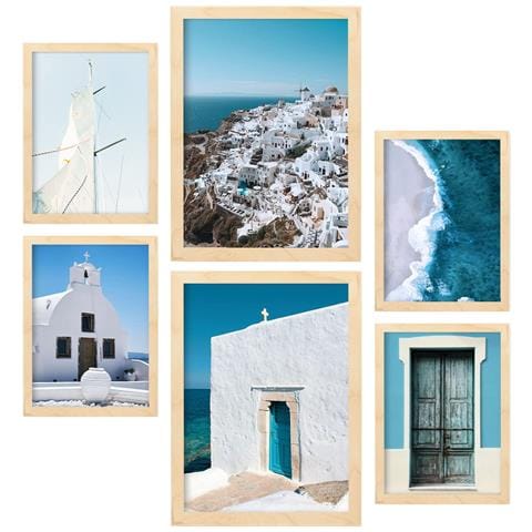 Set Di 6 Stampe Grecia Immagini Stampe Artistiche Da Parete Decorazione Poster Design D'interni Nella Galleria D'arte A3 & A4 Telaio In Legno Chiaro - Foto 1