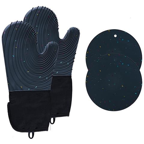 Set Di Guanti Da Forno Resistenti Al Calore - 1 Paio Di Guanti A Coste E 2 Cuscinetti Rotondi, Guanti Da Cucina Darkgrey - Foto 1