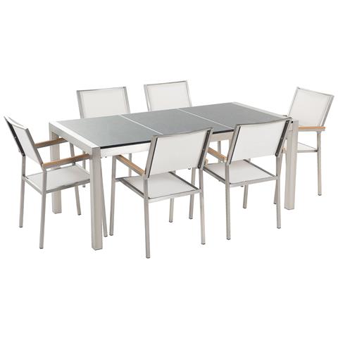 Set Di Tavolo E 6 Sedie Da Giardino In Acciaio, Granito E Fibra Tessile Bianca - Grigio Lucido - 180cm - Grosseto - Foto 30
