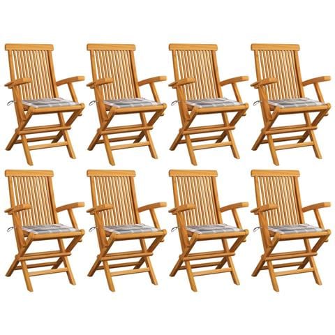 Sedie da Giardino e Cuscini Grigi a Quadri 8 pz Massello Teak - Foto 1