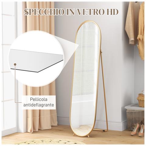 Specchio Verticale Ovale Da Terra O A Parete Con Supporto, In Vetro E Metallo, 40x41x159 Cm, Tonalità Oro - Foto 6