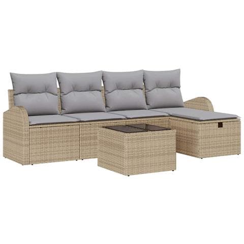 Set da giardino composto da 6 pezzi con cuscini colore beige in rattan sintetico, Divano da giardino 2 posti con spazio di stoccaggio e cuscini in rattan sintetico beige - Foto 1