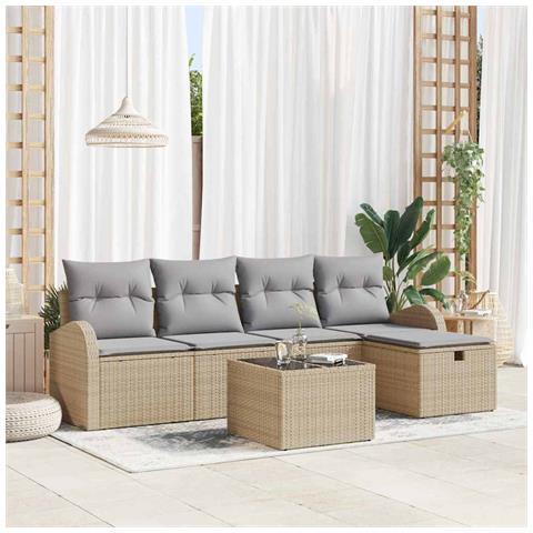 Set da giardino composto da 6 pezzi con cuscini colore beige in rattan sintetico, Divano da giardino 2 posti con spazio di stoccaggio e cuscini in rattan sintetico beige - Foto 2
