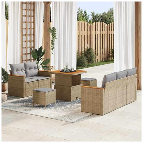 Set di Sofà da Giardino  8 Pezzi con Cuscini Beige Rattan Poli Acacia, Set di Pranzo da Giardino  3 Pezzi con Cuscini Beige Rattan Poli Acacia - Foto 2