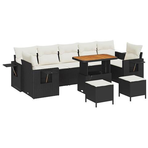Set Divano da Giardino a 10 Pezzi con Cuscini Rattan Nero Acacia,  Set da Pranzo da Giardino a 3 Pezzi con Cuscini Rattan Nero Acacia - Foto 1