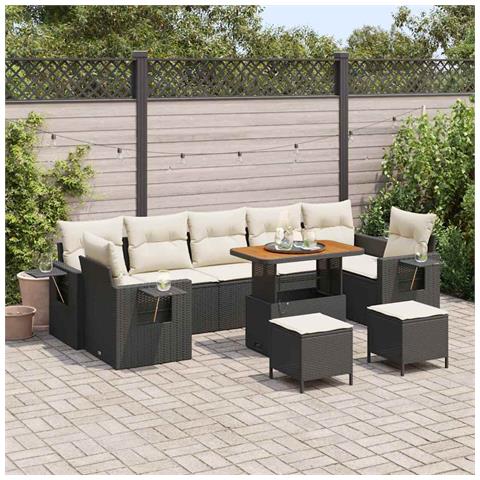 Set Divano da Giardino a 10 Pezzi con Cuscini Rattan Nero Acacia,  Set da Pranzo da Giardino a 3 Pezzi con Cuscini Rattan Nero Acacia - Foto 2