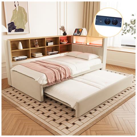 Letto Imbottito 90x200cm, Letto Estraibile 90x190cm, Divano Letto Multifunzionale Dotato Di Luci Led, Prese E Vani Portaoggetti, Letto Singolo, Flanella, Beige - Foto 1