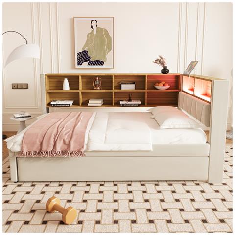 Letto Imbottito 90x200cm, Letto Estraibile 90x190cm, Divano Letto Multifunzionale Dotato Di Luci Led, Prese E Vani Portaoggetti, Letto Singolo, Flanella, Beige - Foto 2