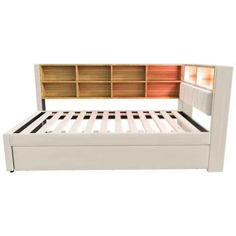 Letto Imbottito 90x200cm, Letto Estraibile 90x190cm, Divano Letto Multifunzionale Dotato Di Luci Led, Prese E Vani Portaoggetti, Letto Singolo, Flanella, Beige - Foto 4