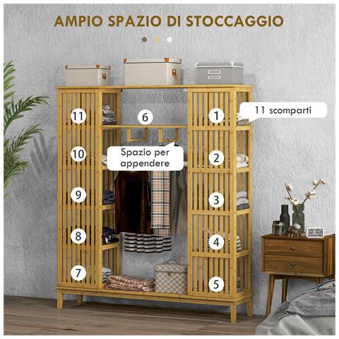 Armadio Aperto In Bambù Con 2 Ante Scorrevoli, Ripiani Aperti E Barra Appendiabiti, 145x35x165cm - Foto 2