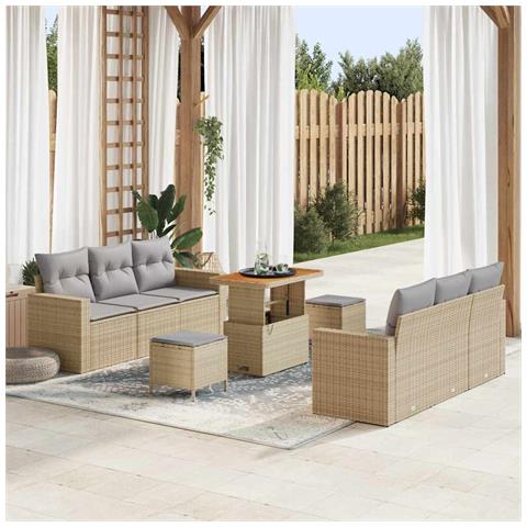Set di Sofà da Giardino  9 Pezzi con Cuscini Beige Polirattan Acacia, Set da Pranzo da Giardino  3 Pezzi con Cuscini Beige Polirattan Acacia - Foto 2