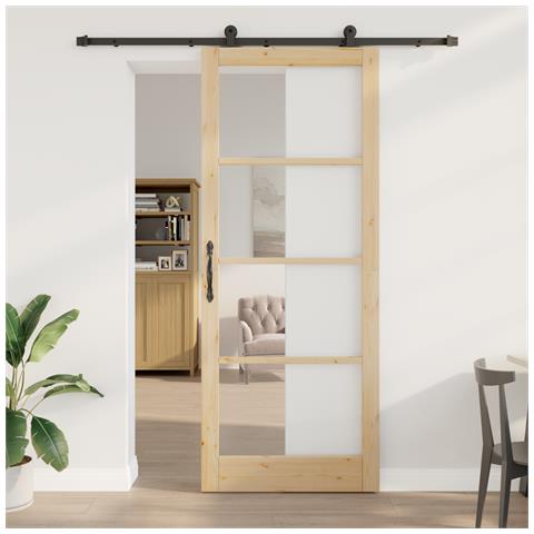 Porta Scorrevole  con Set Hardware 'ORKDAL'Legno Massello e Vetro, Porta Interna  con Vetro 'ORKDAL'93x232x4 cm Legno Massello di Pino - Foto 2