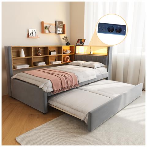 Letto Imbottito 90x200cm, Letto Estraibile 90x190cm, Divano Letto Multifunzionale Dotato Di Luci Led, Prese E Vani Portaoggetti, Letto Singolo, Flanella, Grigio Scuro - Foto 1