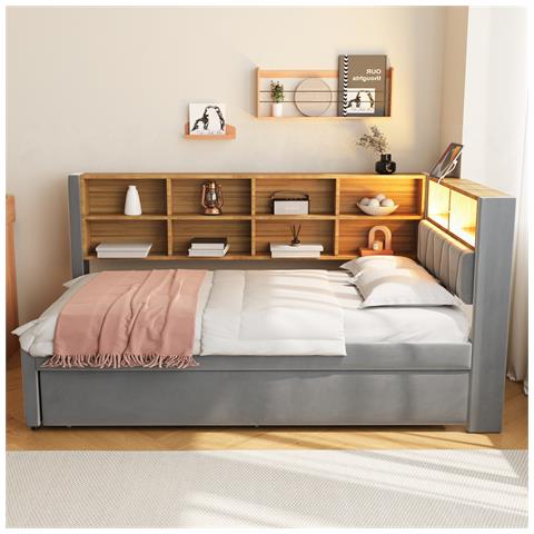 Letto Imbottito 90x200cm, Letto Estraibile 90x190cm, Divano Letto Multifunzionale Dotato Di Luci Led, Prese E Vani Portaoggetti, Letto Singolo, Flanella, Grigio Scuro - Foto 2