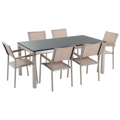 Set Di Tavolo E 6 Sedie Da Giardino In Acciaio, Basalto E Fibra Tessile Beige- Piano Singolo- Nero Lucido - 180cm - Grosseto - Foto 29