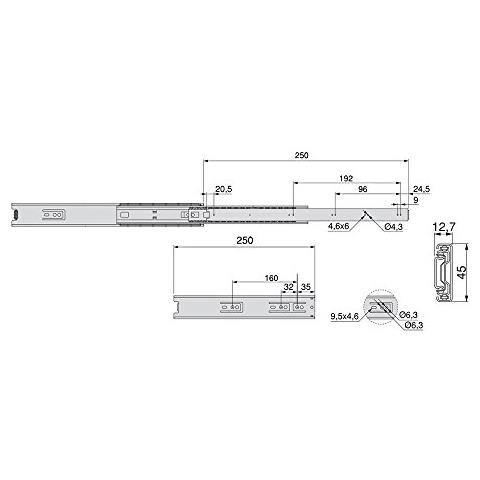 3043105 Coppia Di Guide / binari Con Cuscinetti A Sfere Ad Estrazione Totale 45mm X 250mm Per Cassetto, Set Di 5 - Foto 2