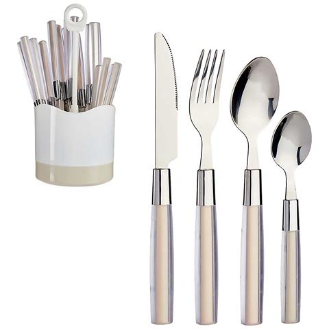 Set 16 Posate In Acciaio Inox Beige Manico Ps 11x11x25 Cm. Beige - Foto 1