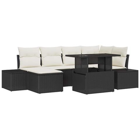 Set da giardino composto da 7 pezzi con cuscini in polirattan nero - Foto 1