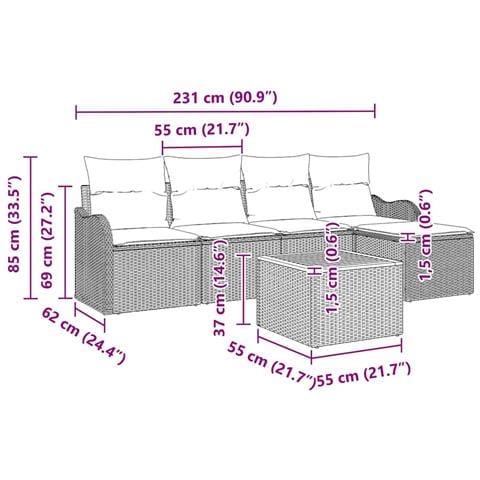 Set di divani da giardino  6 pezzi con cuscini neri in polyrattan e acacia, Divano da giardino a 2 posti  con cuscini neri in polyrattan - Foto 9