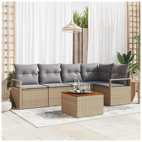 Set Divano da Giardino 6 Pezzi con Cuscini Beige Rattan Polietilene Acacia,  Divano da Giardino 2 Posti con Ripostiglio e Cuscini Beige Rattan Polietilene - Foto 2