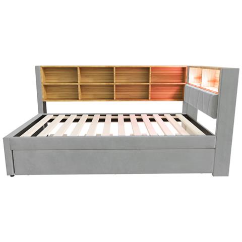 Letto Imbottito 90x200cm, Letto Estraibile 90x190cm, Divano Letto Multifunzionale Dotato Di Luci Led, Prese E Vani Portaoggetti, Letto Singolo, Flanella, Grigio Chiaro - Foto 2