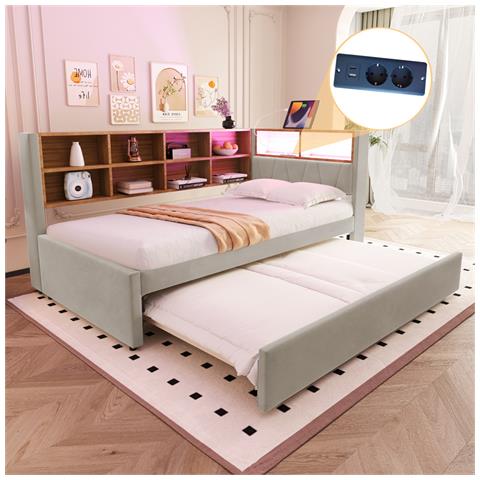 Letto Imbottito 90x200cm, Letto Estraibile 90x190cm, Divano Letto Multifunzionale Dotato Di Luci Led, Prese E Vani Portaoggetti, Letto Singolo, Flanella, Grigio Chiaro - Foto 1