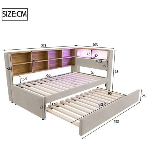 Letto Imbottito 90x200cm, Letto Estraibile 90x190cm, Divano Letto Multifunzionale Dotato Di Luci Led, Prese E Vani Portaoggetti, Letto Singolo, Flanella, Grigio Chiaro - Foto 4