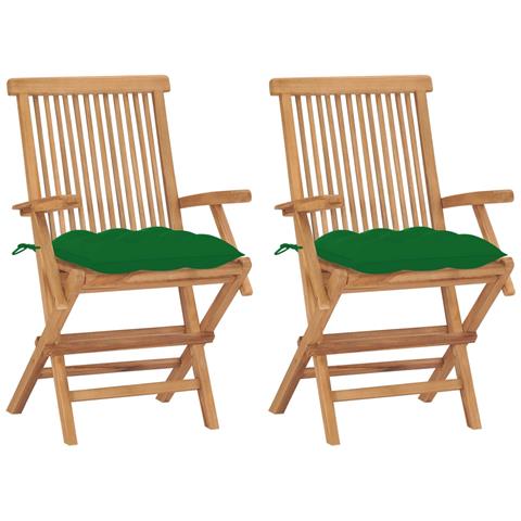 Sedie da Giardino con Cuscini Verdi 2 pz in Massello di Teak - Foto 1