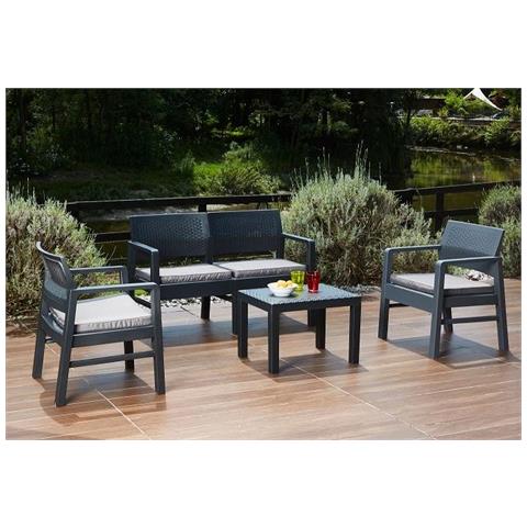 Set Salotto Da Esterno Carpi, Set Da Giardino Con 2 Poltrone, 1 Divano Ed 1 Tavolino, Salottino Effetto Rattan Con Cuscini, 100% Made In Italy, Antracite - Foto 3