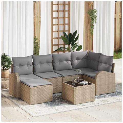 Set di divani da giardino 7 pezzi con cuscini Nero Polirattan, Divano da giardino 2 posti con stoccaggio & cuscini Beige Polirattan - Foto 2