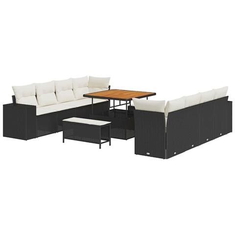 set divano da giardino a 11 pezzi con cuscini polyrattan nero acacia,  set da pranzo da giardino a 3 pezzi con cuscini polyrattan nero acacia - Foto 1