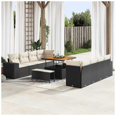 set divano da giardino a 11 pezzi con cuscini polyrattan nero acacia,  set da pranzo da giardino a 3 pezzi con cuscini polyrattan nero acacia - Foto 2
