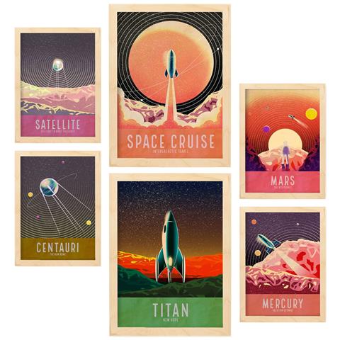 Set Di 6 Stampe Collezione Planetarium Di Poster Con Estetica Collage Per La Decorazione D'interni A3 & A4 Telaio In Legno Chiaro - Foto 1