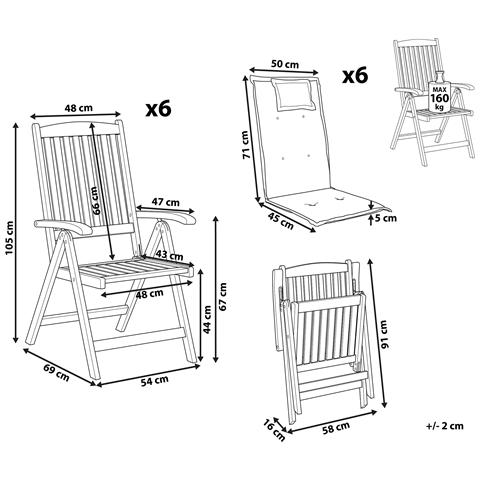 Set Di 6 Sedie Da Giardino Legno Di Acacia Scuro Con Cuscini Blu Amantea - Foto 7