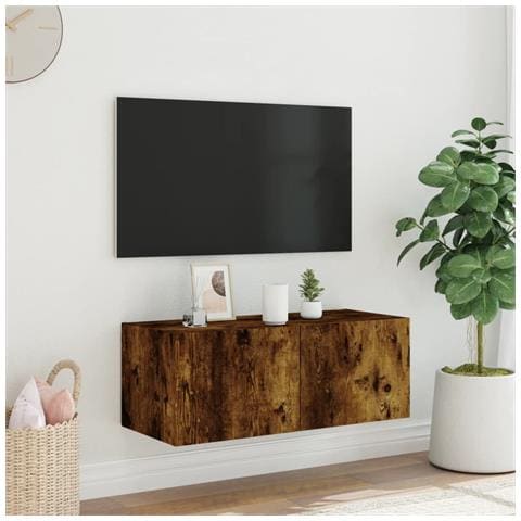 Mobile TV a Parete con Luci LED Rovere Fumo 80x35x31 cm - Foto 2