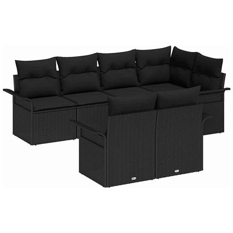 Set di divani da giardino 7 pezzi con cuscini Nero Polirattan, Divano da giardino per 2 persone con spazio di stoccaggio e cuscini Nero Polirattan - Foto 1