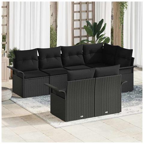 Set di divani da giardino 7 pezzi con cuscini Nero Polirattan, Divano da giardino per 2 persone con spazio di stoccaggio e cuscini Nero Polirattan - Foto 2