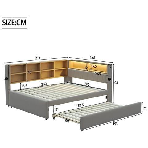 Letto Imbottito 140x200cm, Letto Estraibile 90x190cm, Divano Letto Multifunzionale Dotato Di Luci Led, Prese E Vani Portaoggetti, Letto Singolo, Flanella, Grigio Scuro - Foto 2