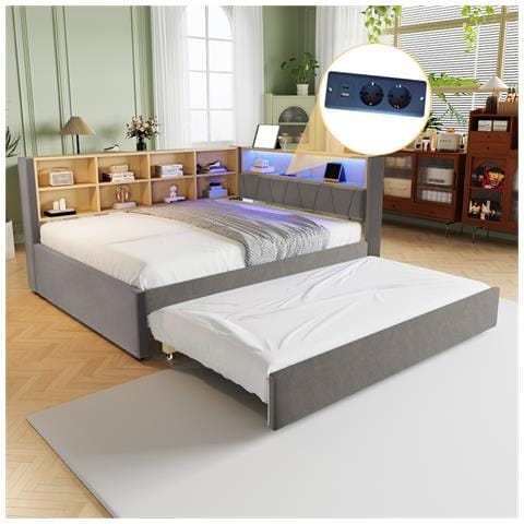 Letto Imbottito 140x200cm, Letto Estraibile 90x190cm, Divano Letto Multifunzionale Dotato Di Luci Led, Prese E Vani Portaoggetti, Letto Singolo, Flanella, Grigio Scuro - Foto 1