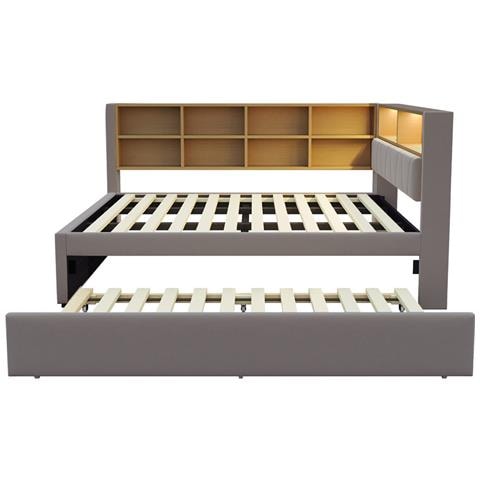 Letto Imbottito 140x200cm, Letto Estraibile 90x190cm, Divano Letto Multifunzionale Dotato Di Luci Led, Prese E Vani Portaoggetti, Letto Singolo, Flanella, Grigio Scuro - Foto 4