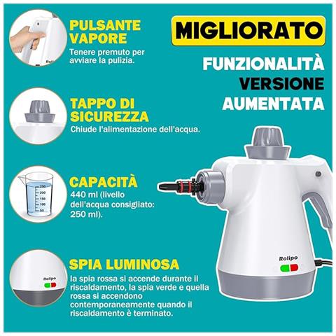 Pulitore a Vapore Portatile, Pistola a Vapore Multifunzione Per Uso Domestico, Pressurizzato Con 12 Accessori e Blocco Di Sicurezza, Per La Pulizia Di Cucina, Bagno, Fughe, Finestre, Grasso - Foto 4