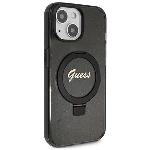Iphone 13 / 14 / 15 - Custodia Nera Guess Ring Stand Script Glitter Magsafe - Foto 1